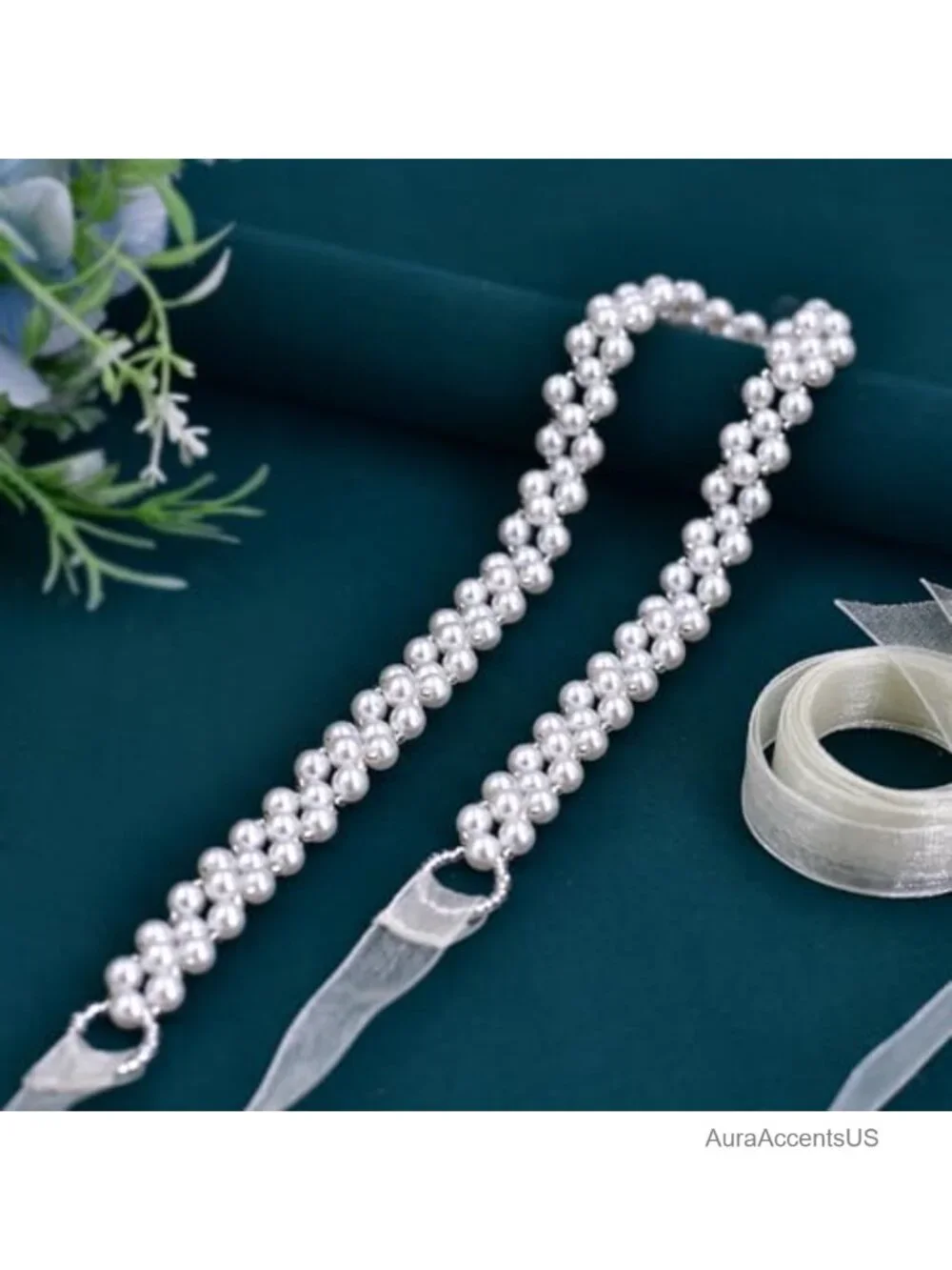 Pearl Beaded Wedding Sash Belt Handmade Organza Ribbon Bridal Gown Belt